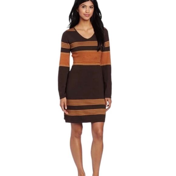PrAna Sydney Striped Knit Bell Sleeve V-Neck Sweater‎ Belted Dress Sz S - Picture 1 of 9